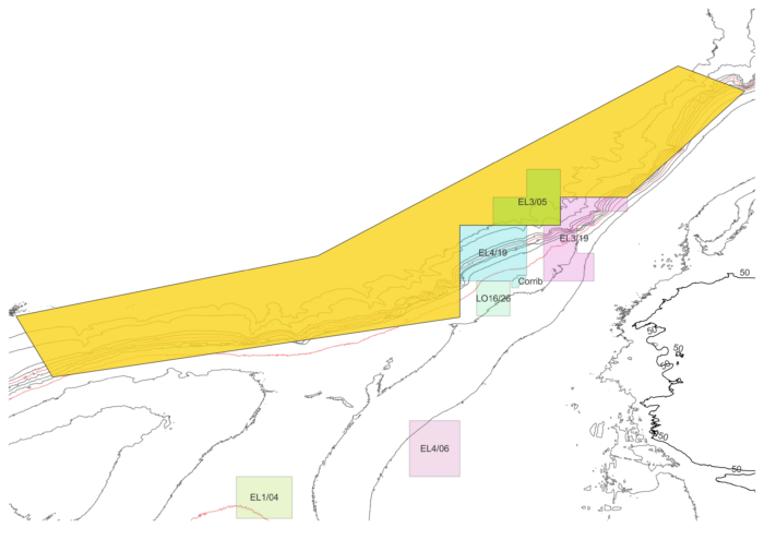 The proposed Porcupine Shelf SAC with the oil and gas exploration licences, licencing options, and petroleum leases.